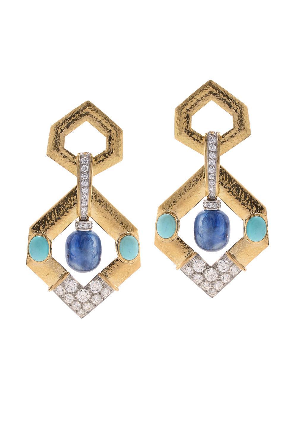 Sapphire Turquoise Diamond Hexagon Doorknocker Earrings-YELLOW GOLD-JEWELRYFINE JEWELEARRING-DAVID WEBB