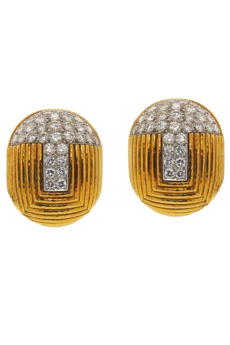 DAVID WEBB-Textured Gold and Diamond Earrings-YELLOW GOLD