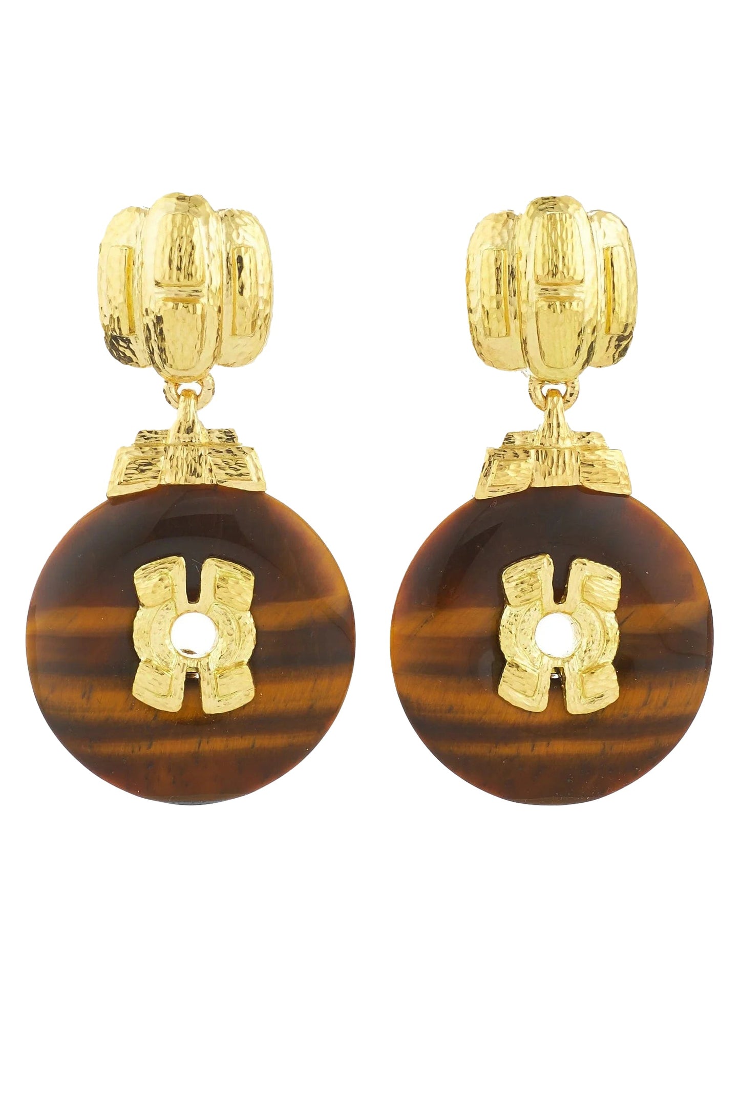 DAVID WEBB-Tiger's Eye Disk Earrings-YELLOW GOLD