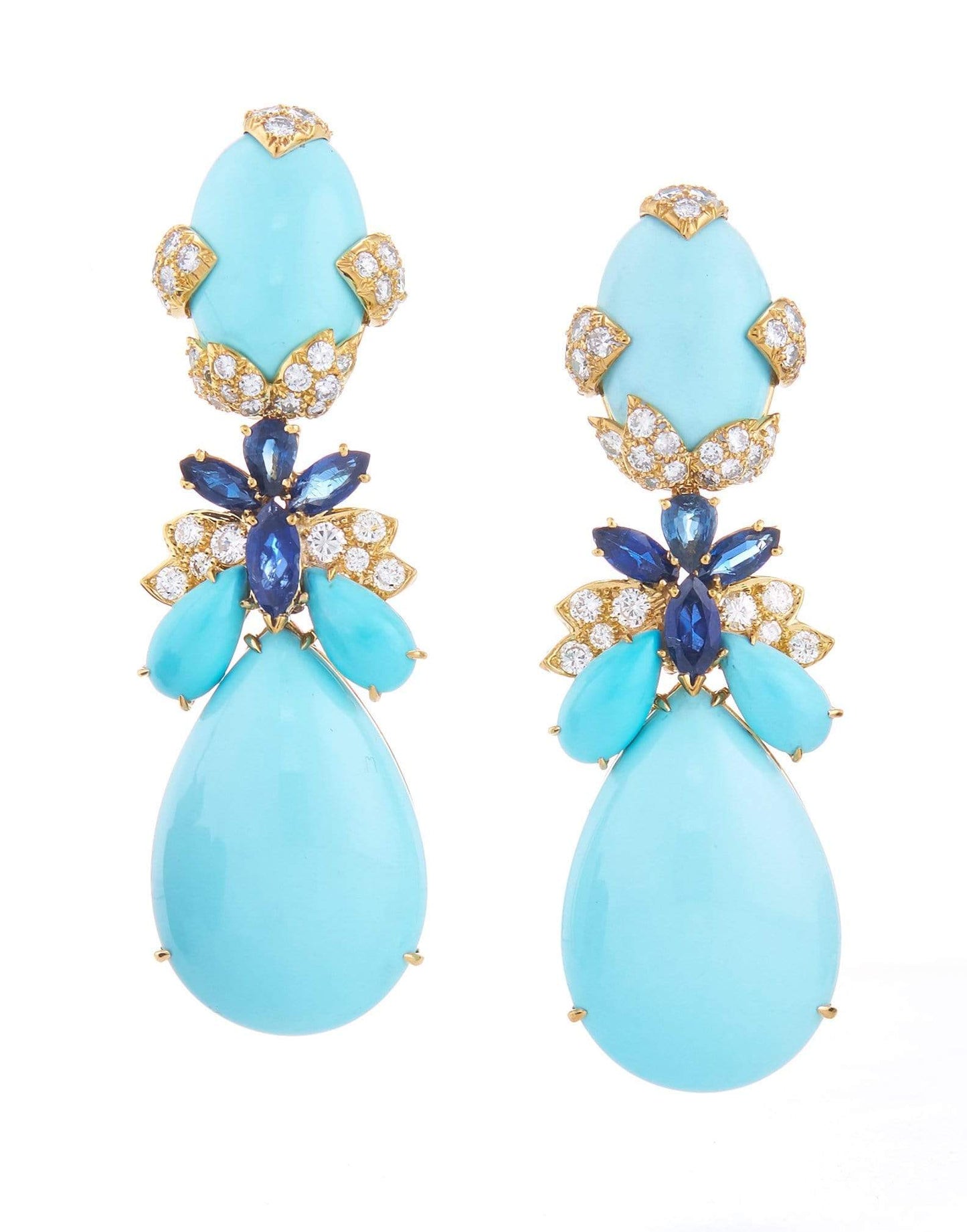 DAVID WEBB-Turquoise and Sapphire Blossom Earrings-YELLOW GOLD