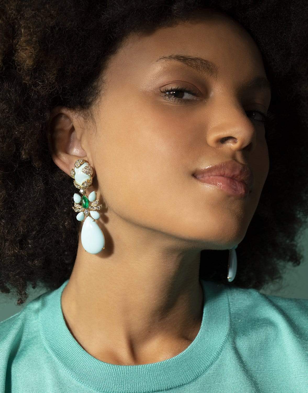 DAVID WEBB-Turquoise, Emerald, and Diamond Blossom Earrings-YELLOW GOLD