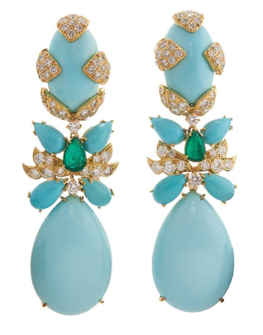 DAVID WEBB-Turquoise, Emerald, and Diamond Blossom Earrings-YELLOW GOLD