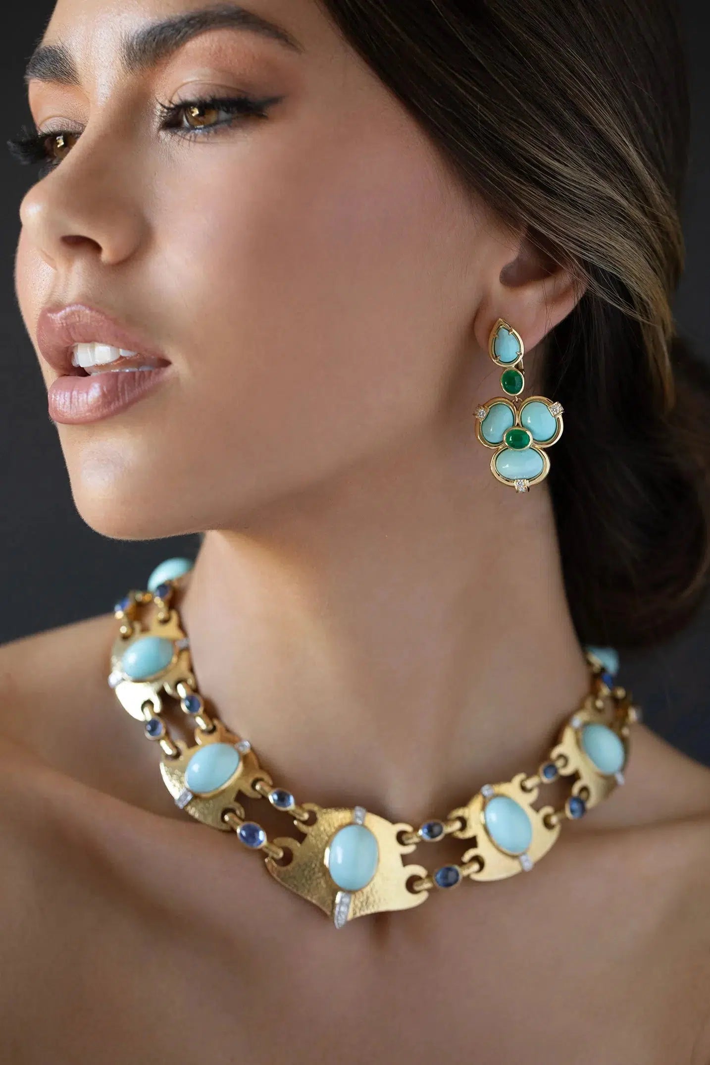 DAVID WEBB-Turquoise Shangri-La Earrings-YELLOW GOLD