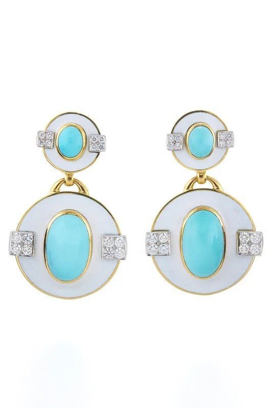 DAVID WEBB-Turquoise White Saucer Earrings-YELLOW GOLD