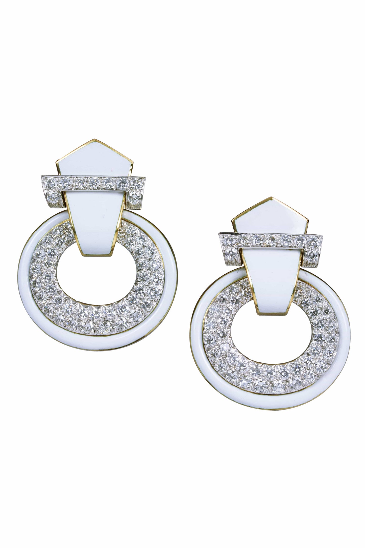 DAVID WEBB-White Enamel Diamond Doorknocker Earrings-YELLOW GOLD
