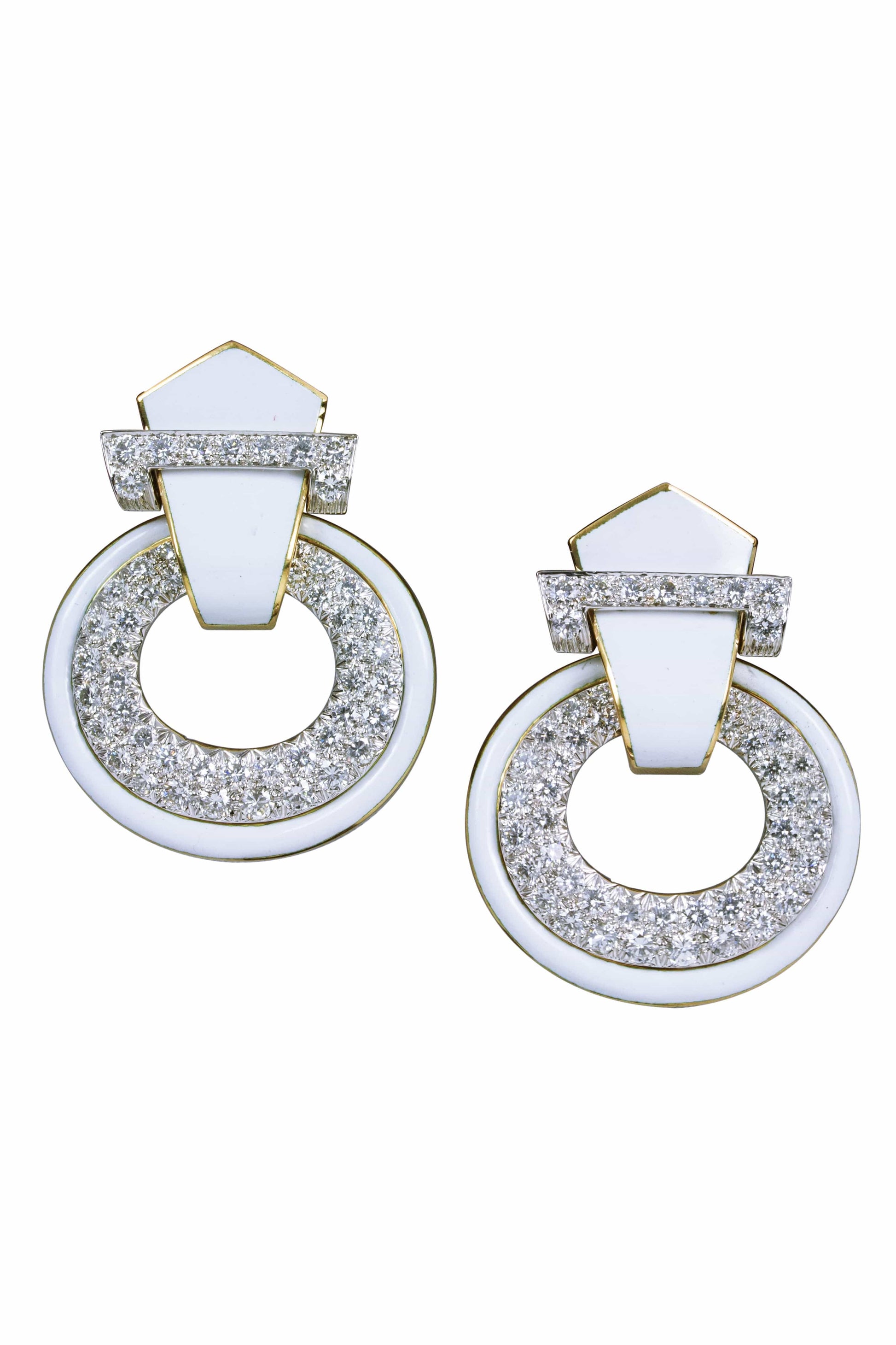 DAVID WEBB-White Enamel Diamond Doorknocker Earrings-YELLOW GOLD