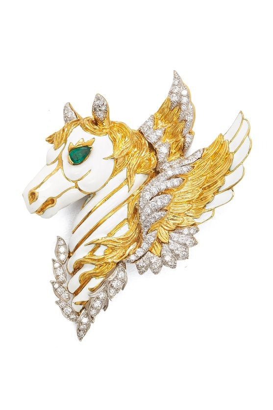 DAVID WEBB-White Enamel Pegasus Clip-YELLOW GOLD
