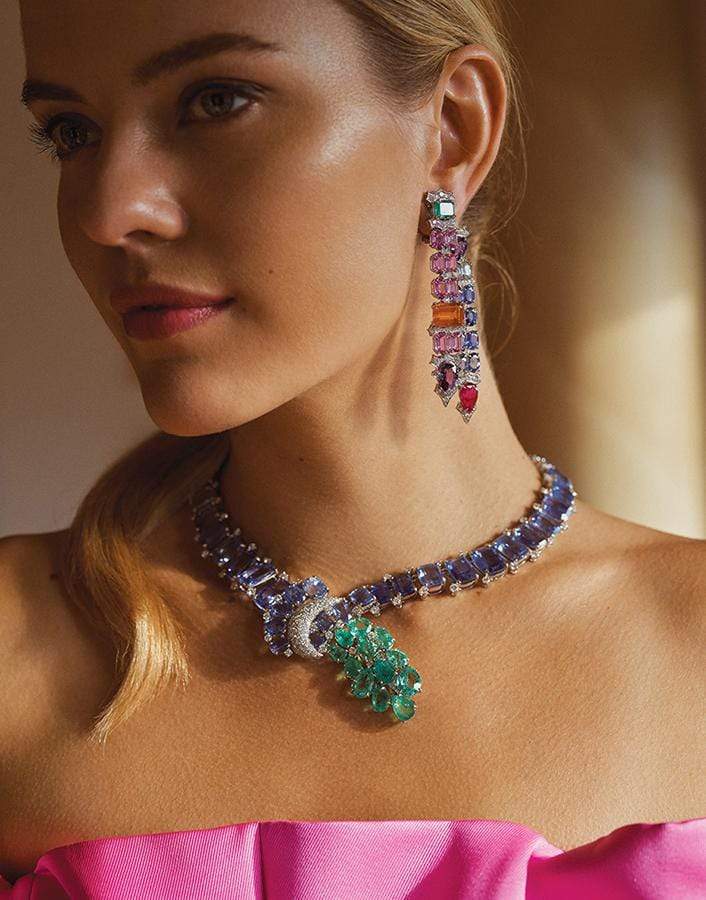 DAVID WEBB-Sapphire and Emerald Cascade Necklace-PLATINUM