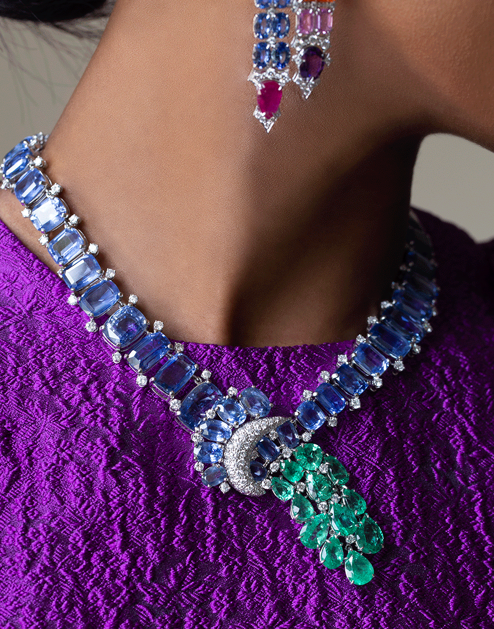 DAVID WEBB-Sapphire and Emerald Cascade Necklace-PLATINUM