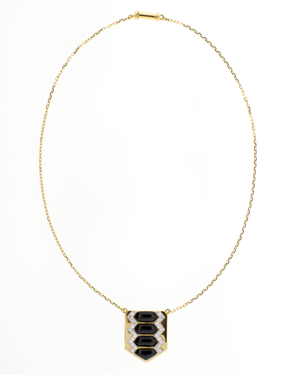 DAVID WEBB-Black Enamel And Diamond Shield Necklace-YELLOW GOLD