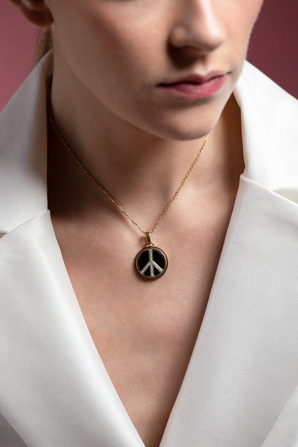 DAVID WEBB-Black Enamel Peace Pendant Necklace-YELLOW GOLD