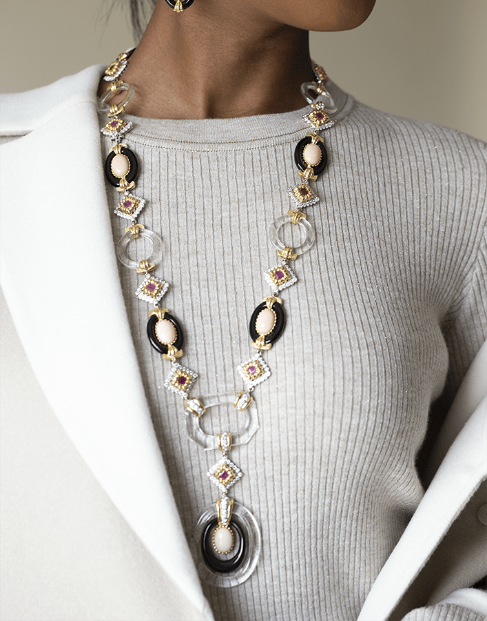 Cabochon Angelskin Coral Cross River Necklace-YELLOW GOLD-JEWELRYFINE JEWELNECKLACE O-DAVID WEBB