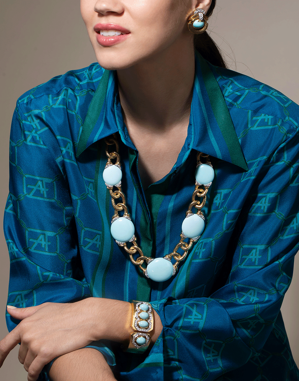 DAVID WEBB-Cabochon Turquoise and Diamond Necklace-YELLOW GOLD