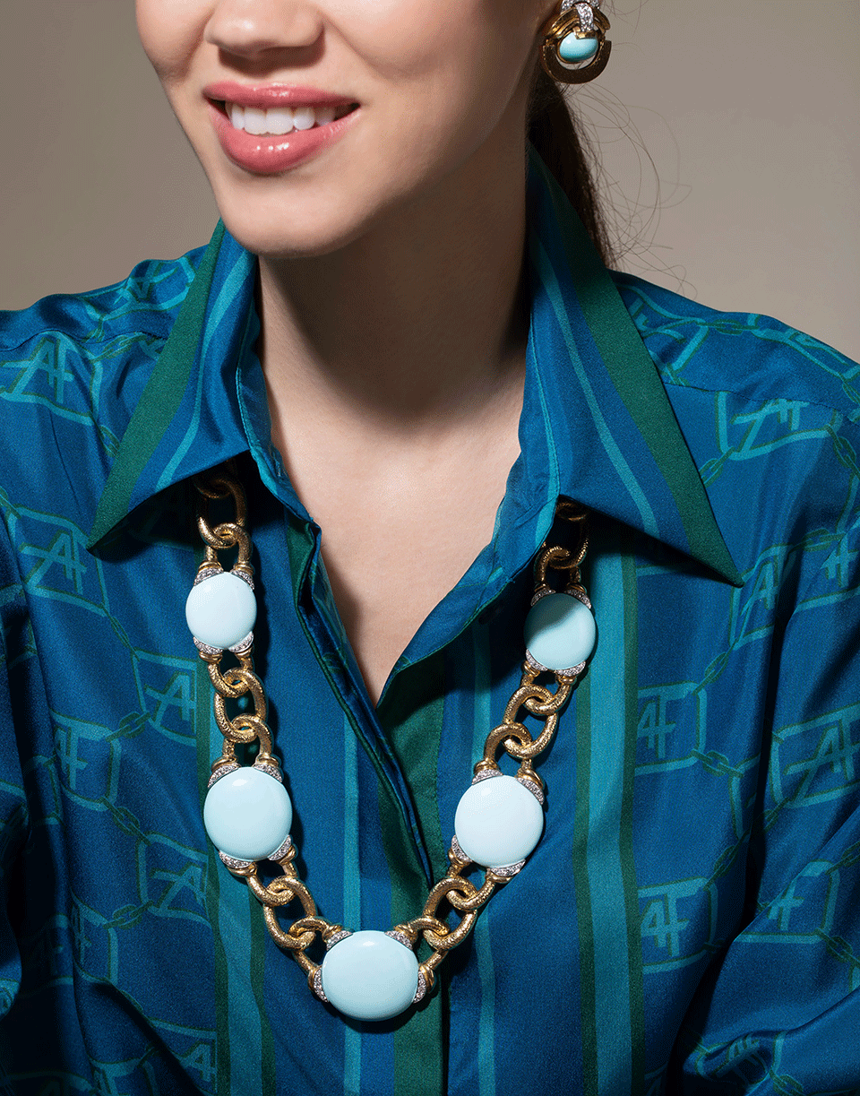 DAVID WEBB-Cabochon Turquoise and Diamond Necklace-YELLOW GOLD