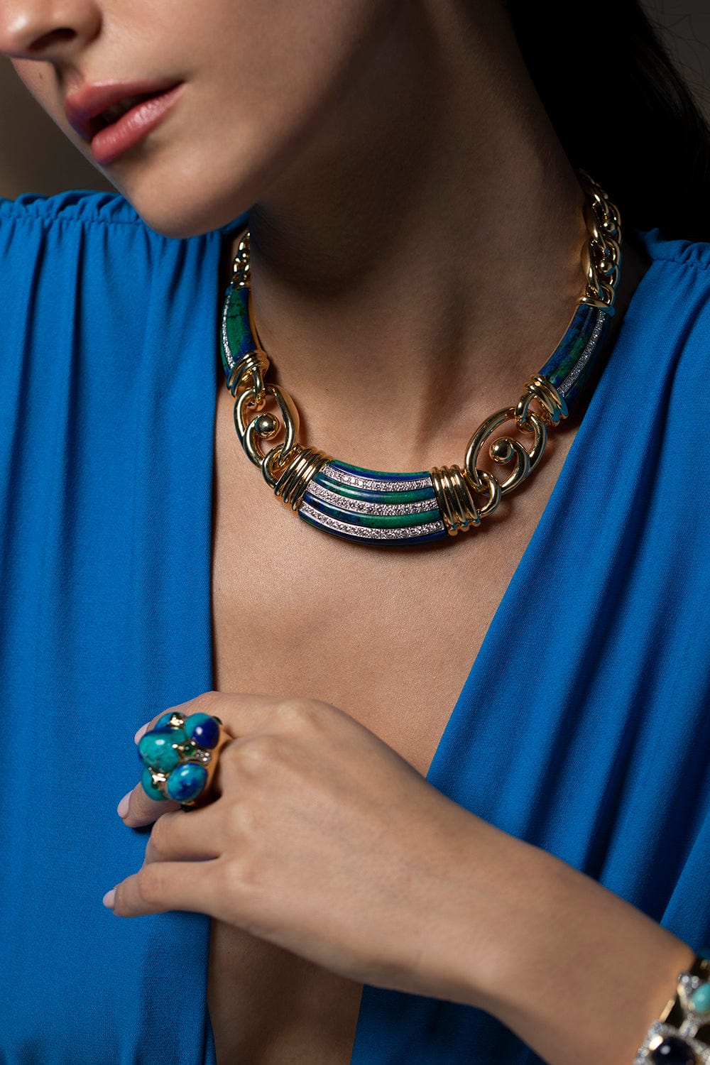 DAVID WEBB-Carved Azuremalachite Necklace-YELLOW GOLD