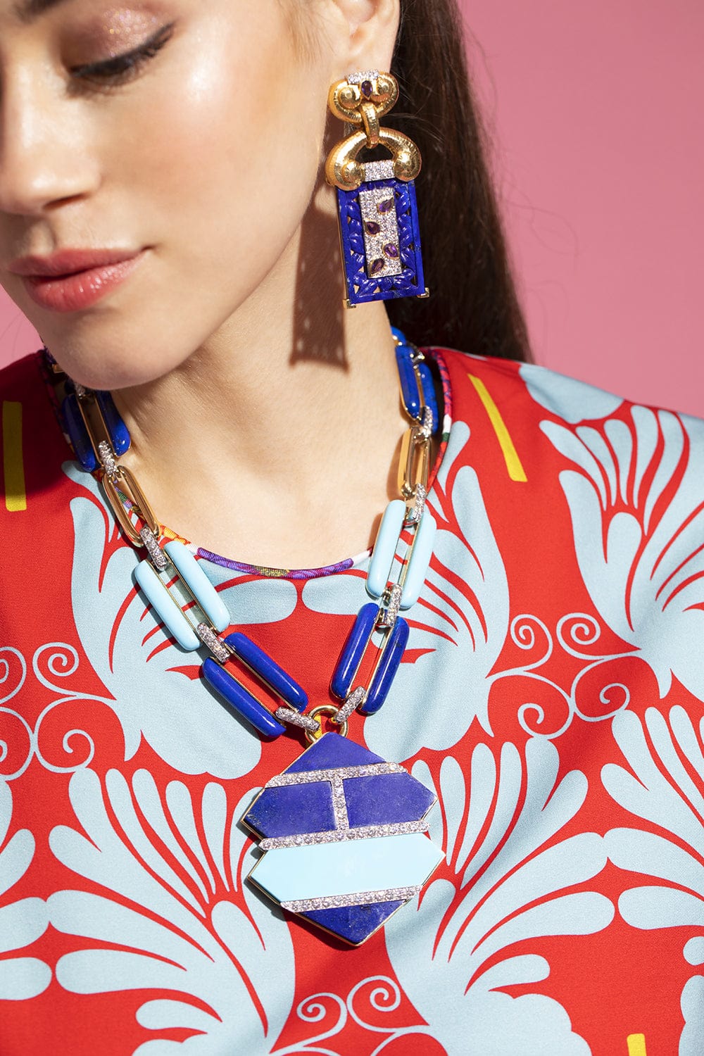 DAVID WEBB-Carved Lapis and Turquoise Link Necklace-YELLOW GOLD
