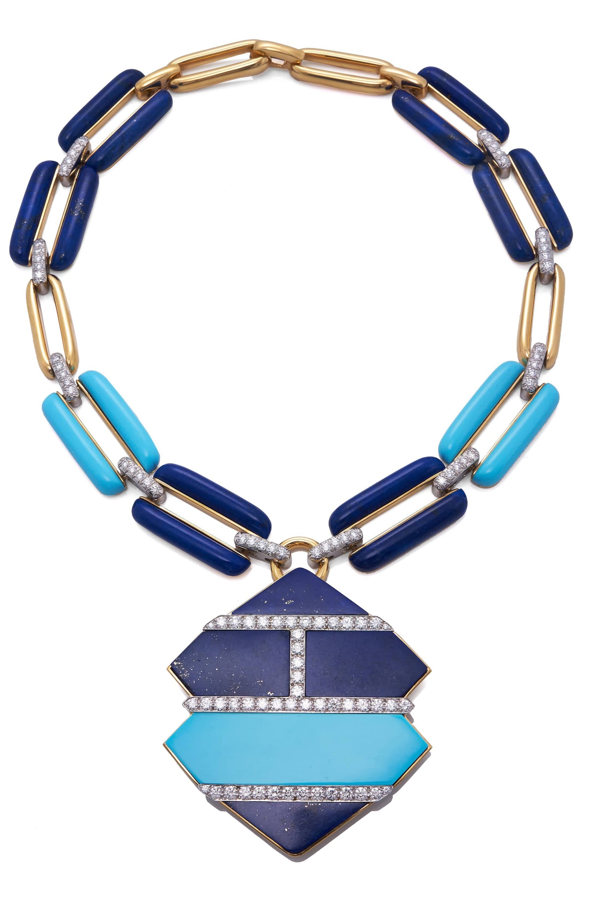 DAVID WEBB-Carved Lapis and Turquoise Link Necklace-YELLOW GOLD