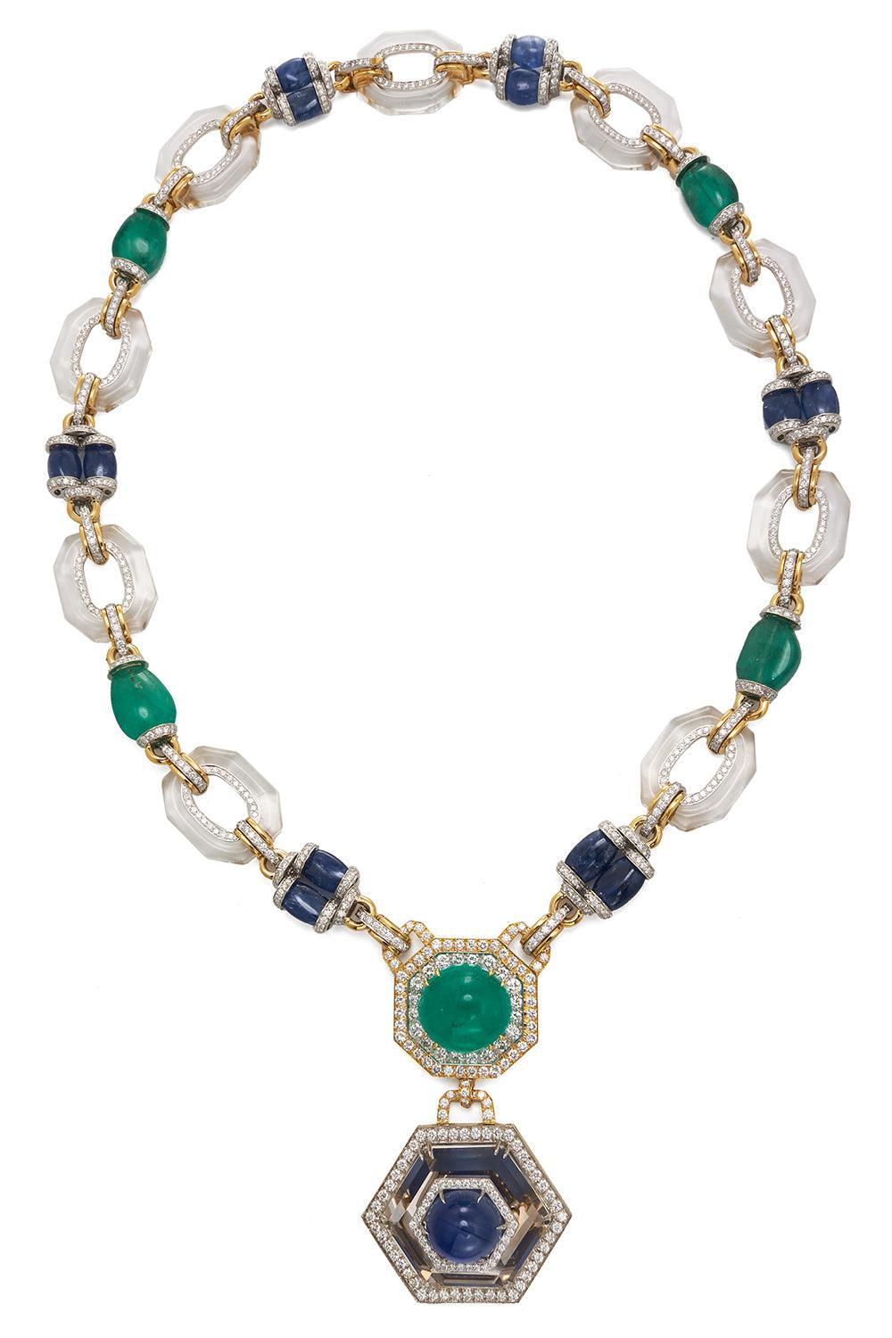 Emerald Sapphire Rock Crystal Diamond Necklace-YELLOW GOLD-JEWELRYFINE JEWELNECKLACE O-DAVID WEBB