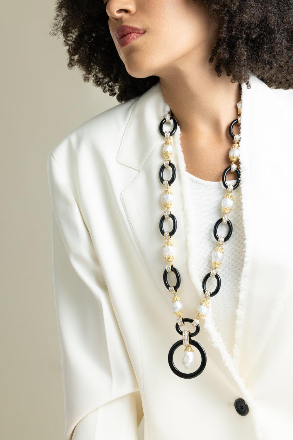 Pearl Black Link Necklace-YELLOW GOLD-JEWELRYFINE JEWELNECKLACE O-DAVID WEBB