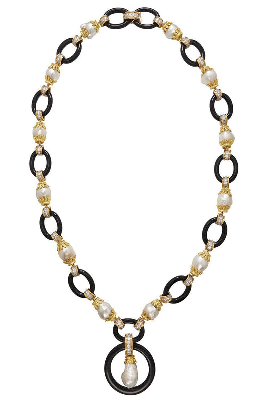 Pearl Black Link Necklace-YELLOW GOLD-JEWELRYFINE JEWELNECKLACE O-DAVID WEBB