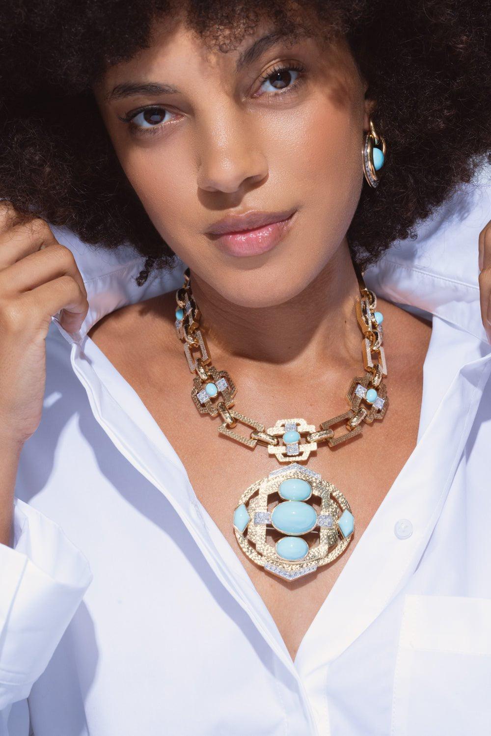 DAVID WEBB-Turquoise Plank Necklace-YELLOW GOLD