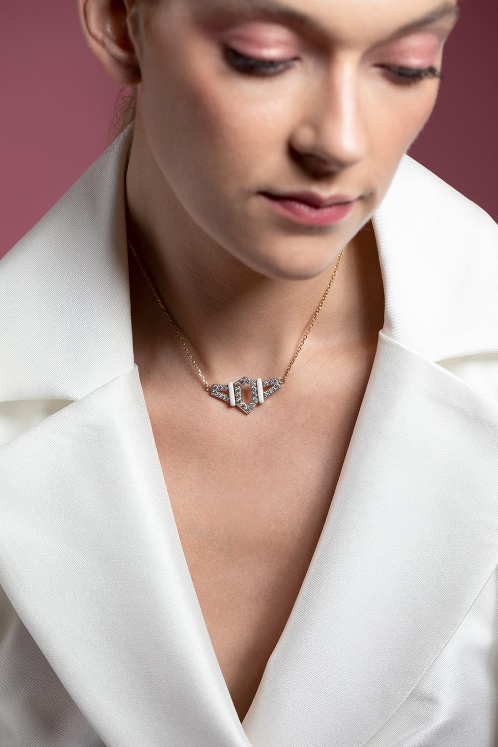 DAVID WEBB-White Enamel Diamond Flight Necklace-YELLOW GOLD