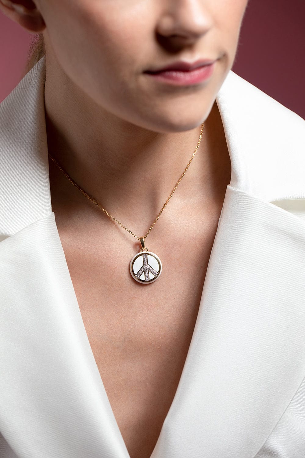 DAVID WEBB-White Enamel Peace Pendant Necklace-YELLOW GOLD