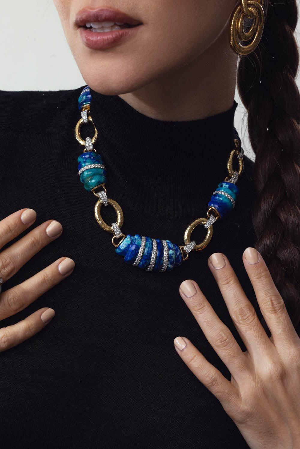 DAVID WEBB-Azurmalachite Dinner Roll Necklace-YELLOW GOLD