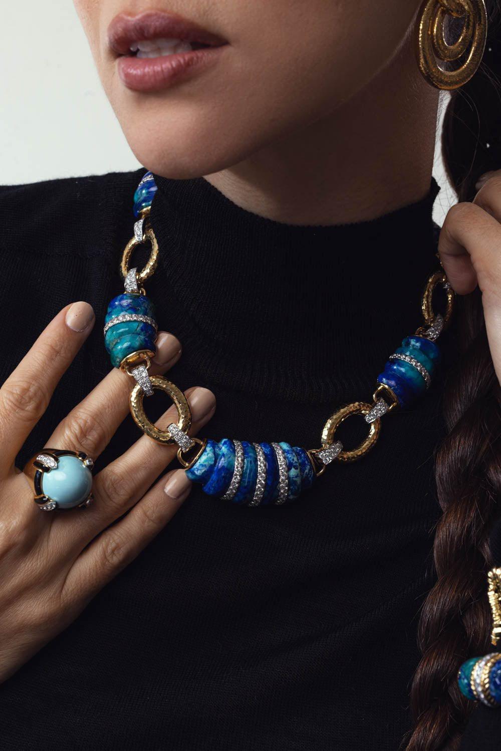 DAVID WEBB-Azurmalachite Dinner Roll Necklace-YELLOW GOLD