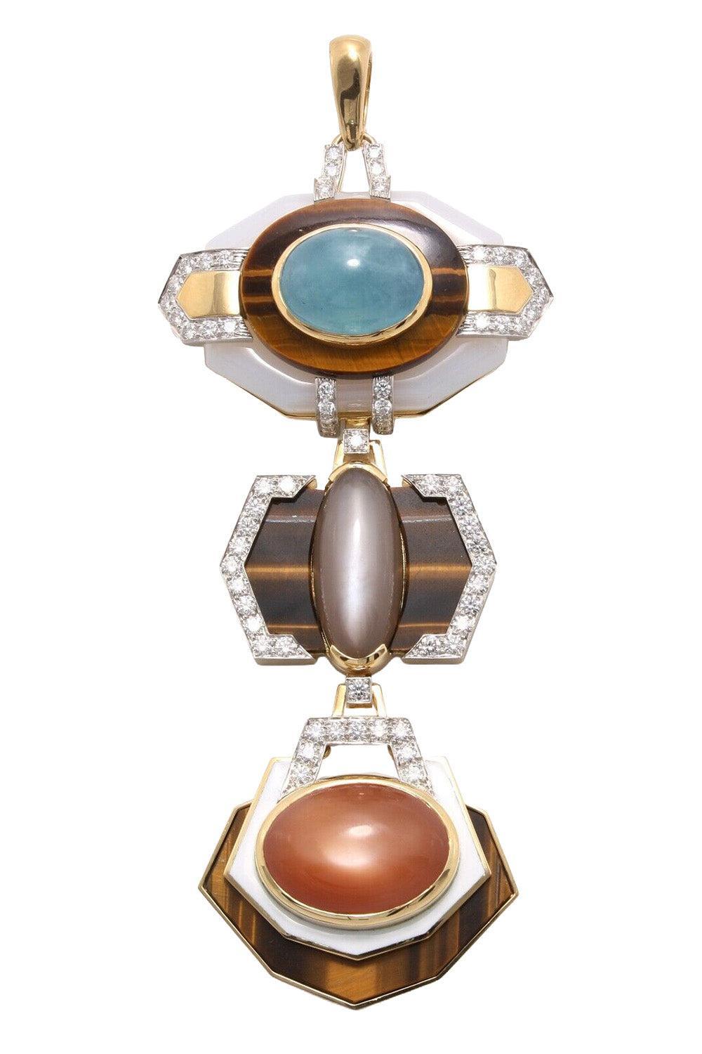 Aquamarine Diamond Tiger Eye Agate Pendant-YELLOW GOLD-JEWELRYFINE JEWELPENDANT-DAVID WEBB