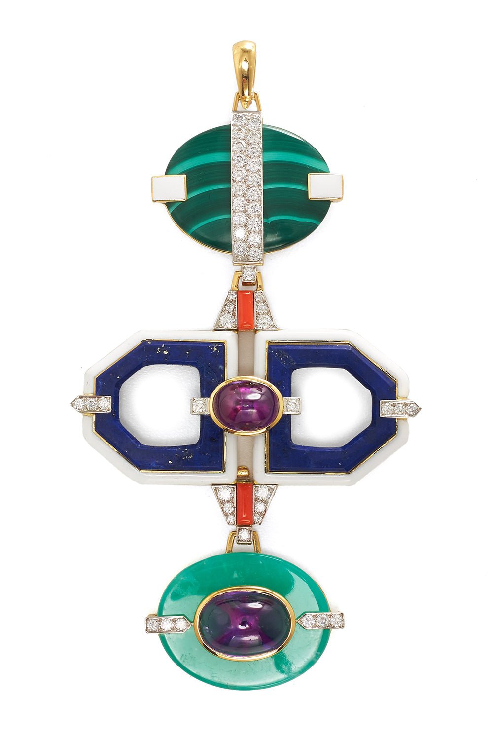 DAVID WEBB-Malachite Amethyst Diamond Totem Pendant-YELLOW GOLD