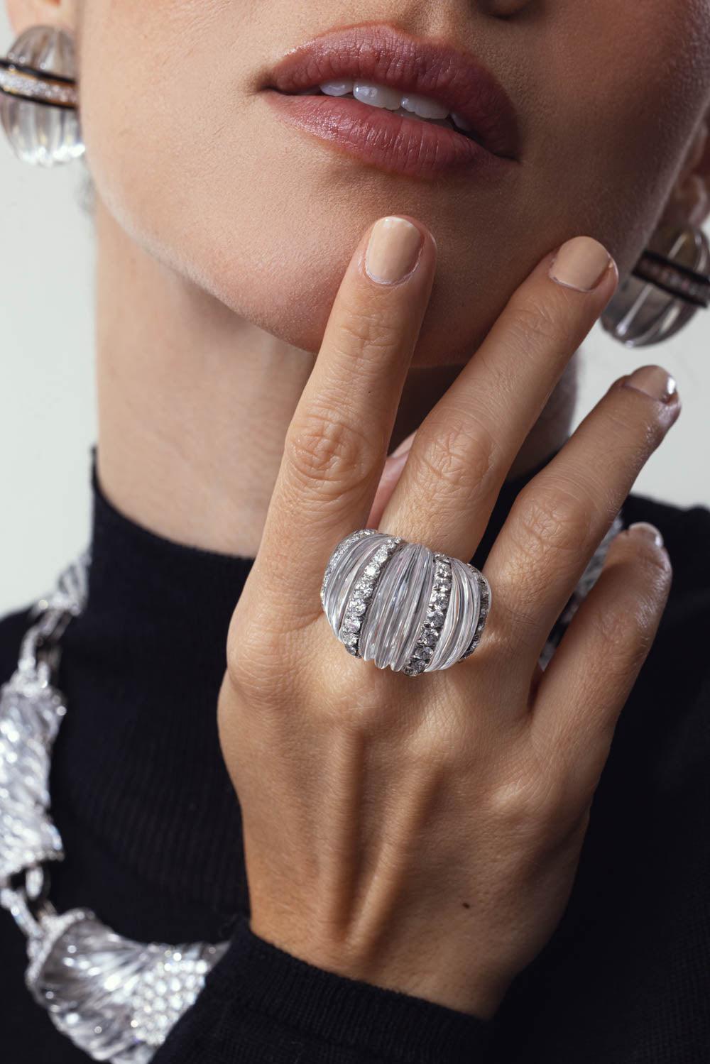  DAVID WEBB-Rock Crystal Diamond Hutton Ring-WHITE GOLD 