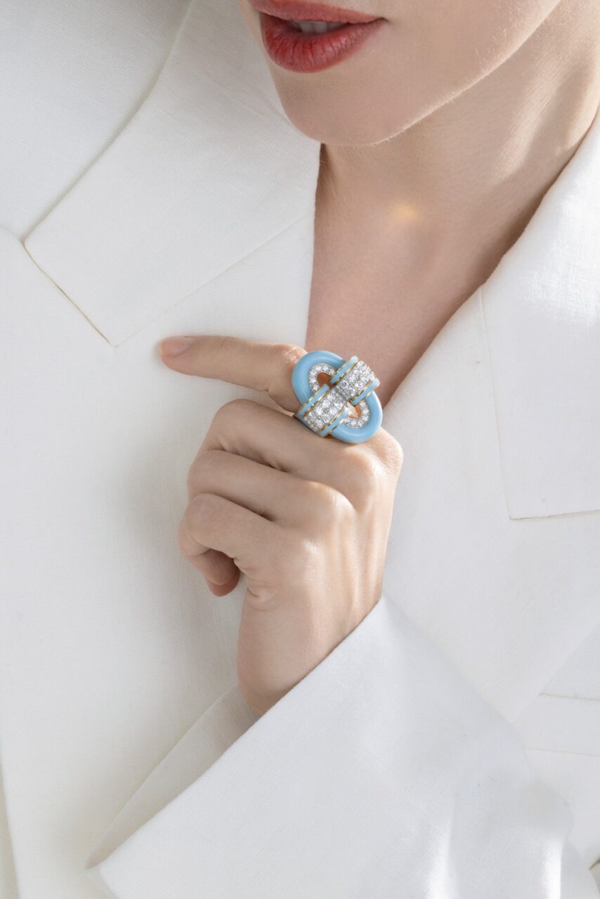 Diamond Light Blue Oval Buckle Ring-YELLOW GOLD-5-JEWELRYFINE JEWELRING-DAVID WEBB