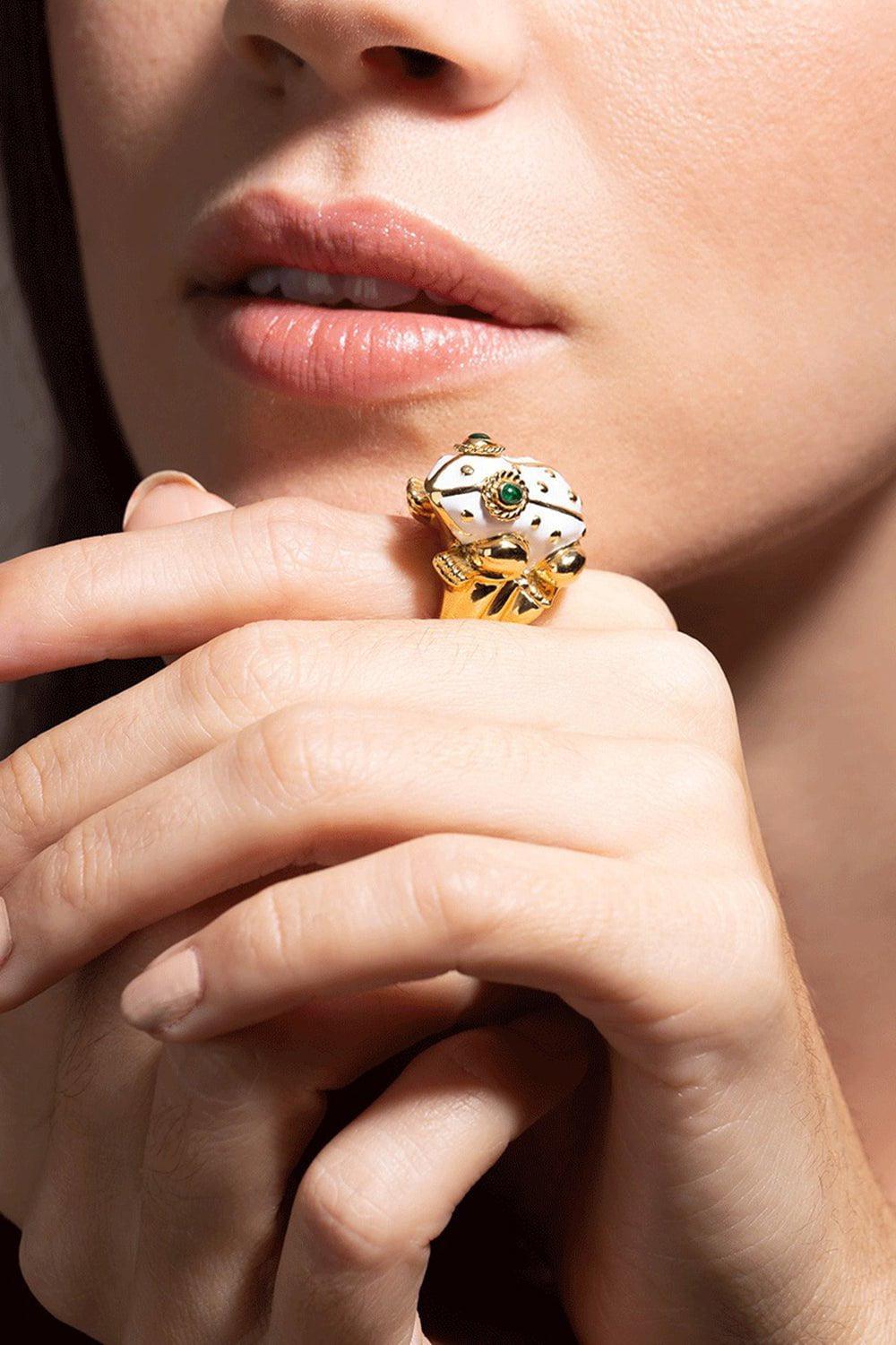 DAVID WEBB-Large White Frog Ring-YELLOW GOLD