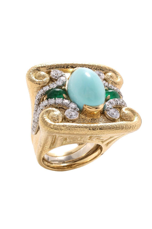 Turquoise Emerald Quad Scroll Ring-YELLOW GOLD-5-JEWELRYFINE JEWELRING-DAVID WEBB