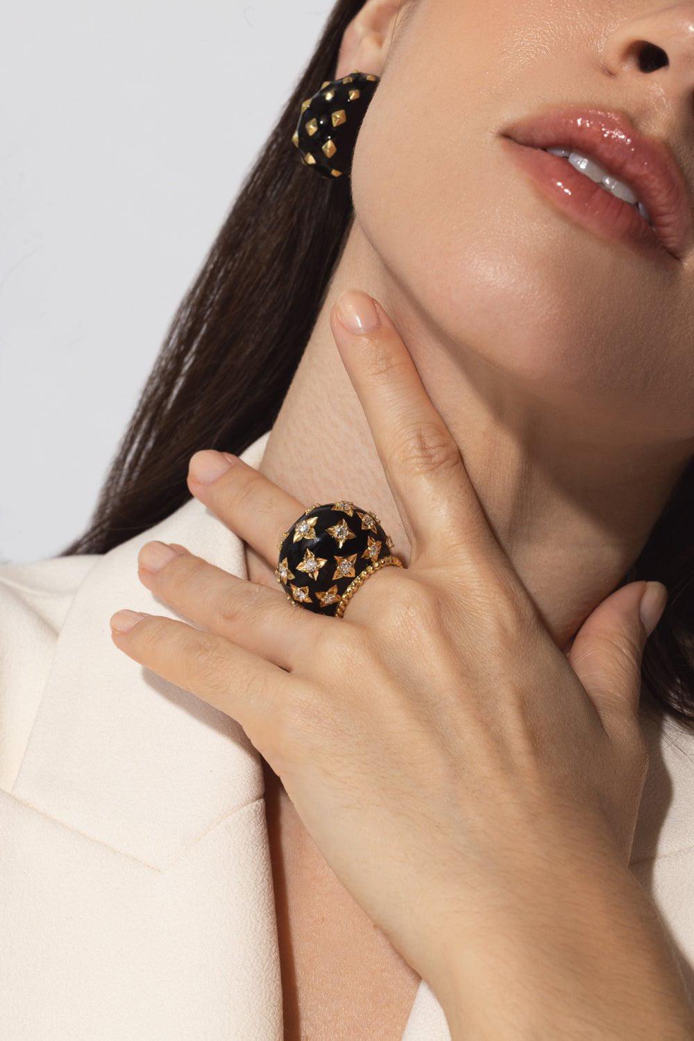 DAVID WEBB-Black Enamel Star Ring-YELLOW GOLD