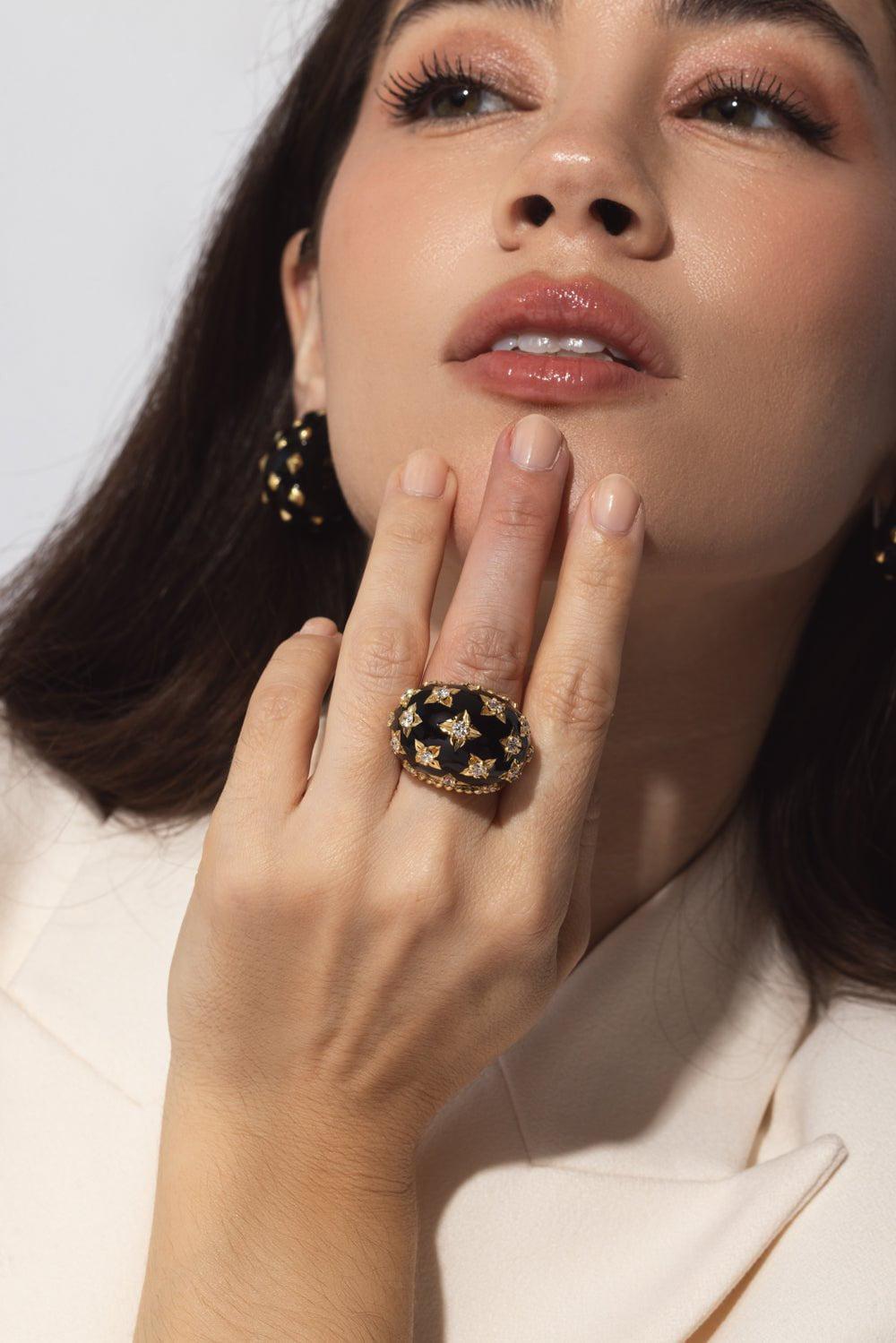 DAVID WEBB-Black Enamel Star Ring-YELLOW GOLD