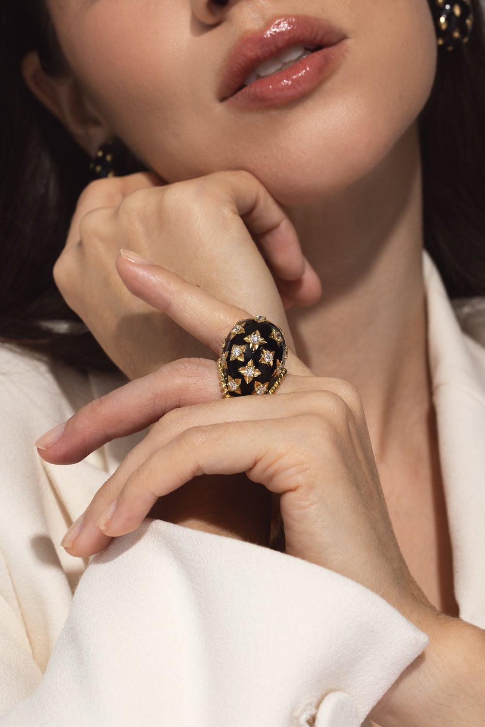 DAVID WEBB-Black Enamel Star Ring-YELLOW GOLD