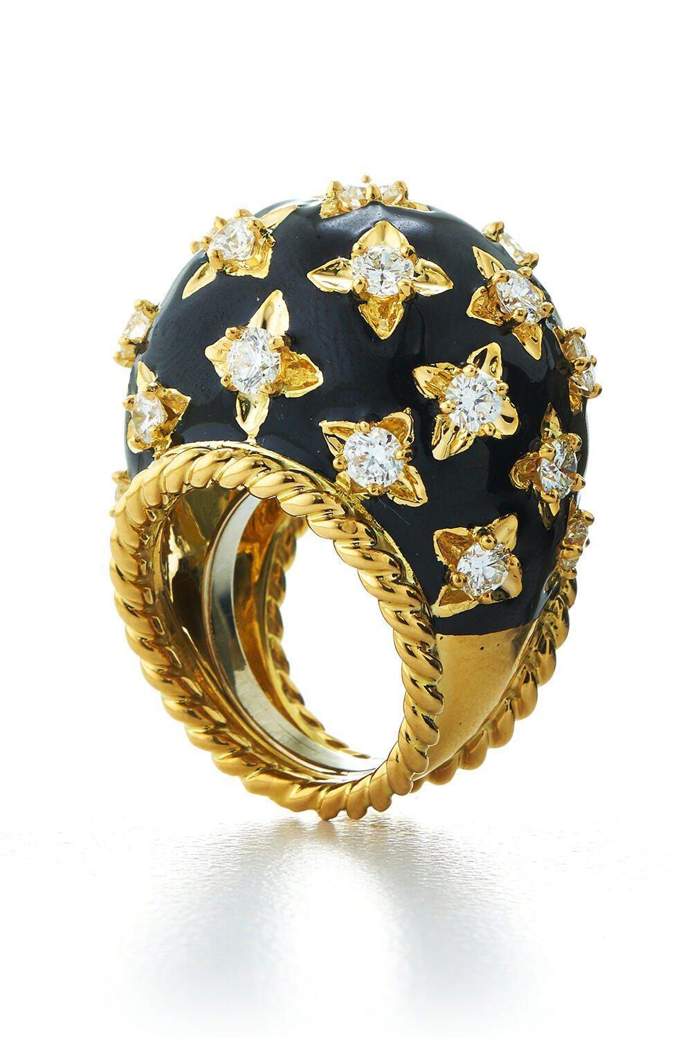 DAVID WEBB-Black Enamel Star Ring-YELLOW GOLD