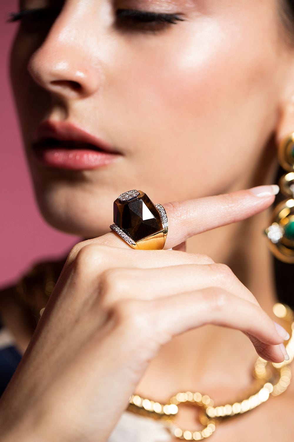 DAVID WEBB-Tiger's Eye Flat Top Ring-YELLOW GOLD