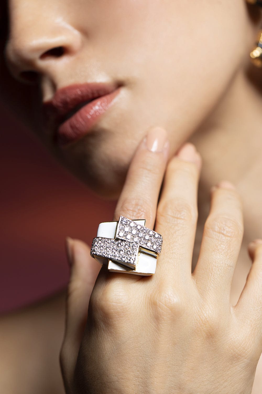 DAVID WEBB-White Enamel Ski Slope Ring-YELLOW GOLD