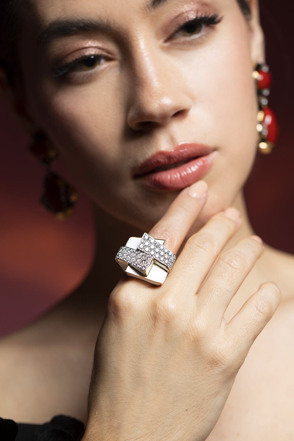 DAVID WEBB-White Enamel Ski Slope Ring-YELLOW GOLD