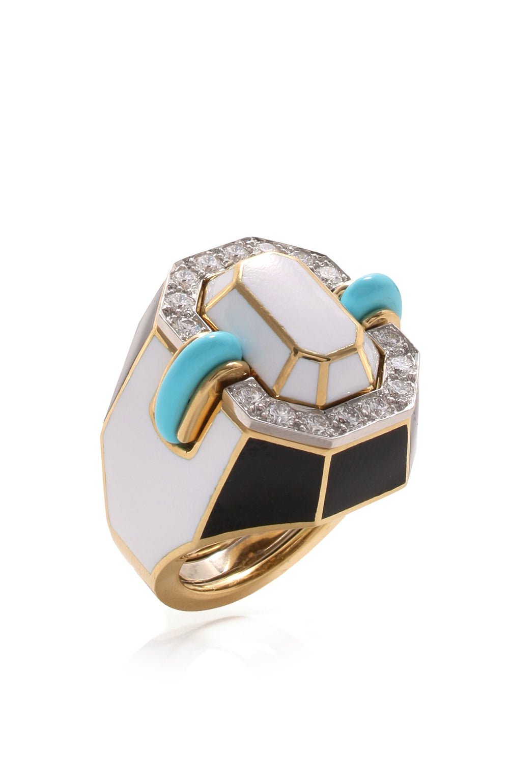 DAVID WEBB-Black White Turquoise Diamond Small Facet Ring-YELLOW GOLD