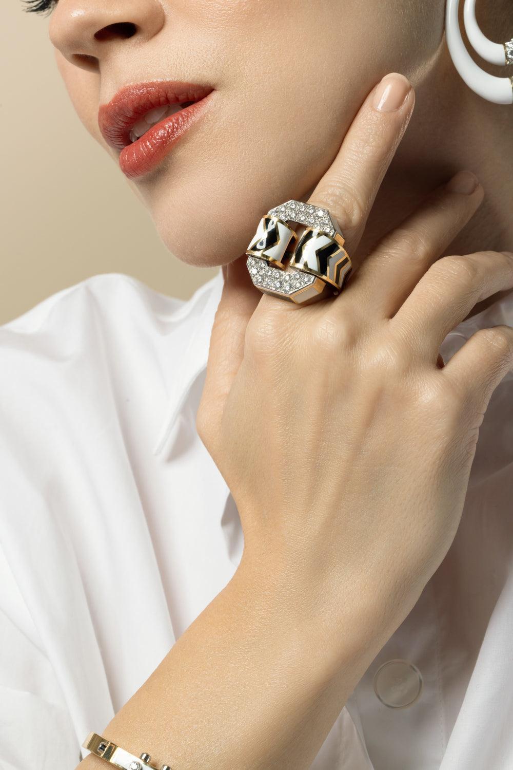Diamond Black White Chevron Rung-YELLOW GOLD-5.75-JEWELRYFINE JEWELRING-DAVID WEBB