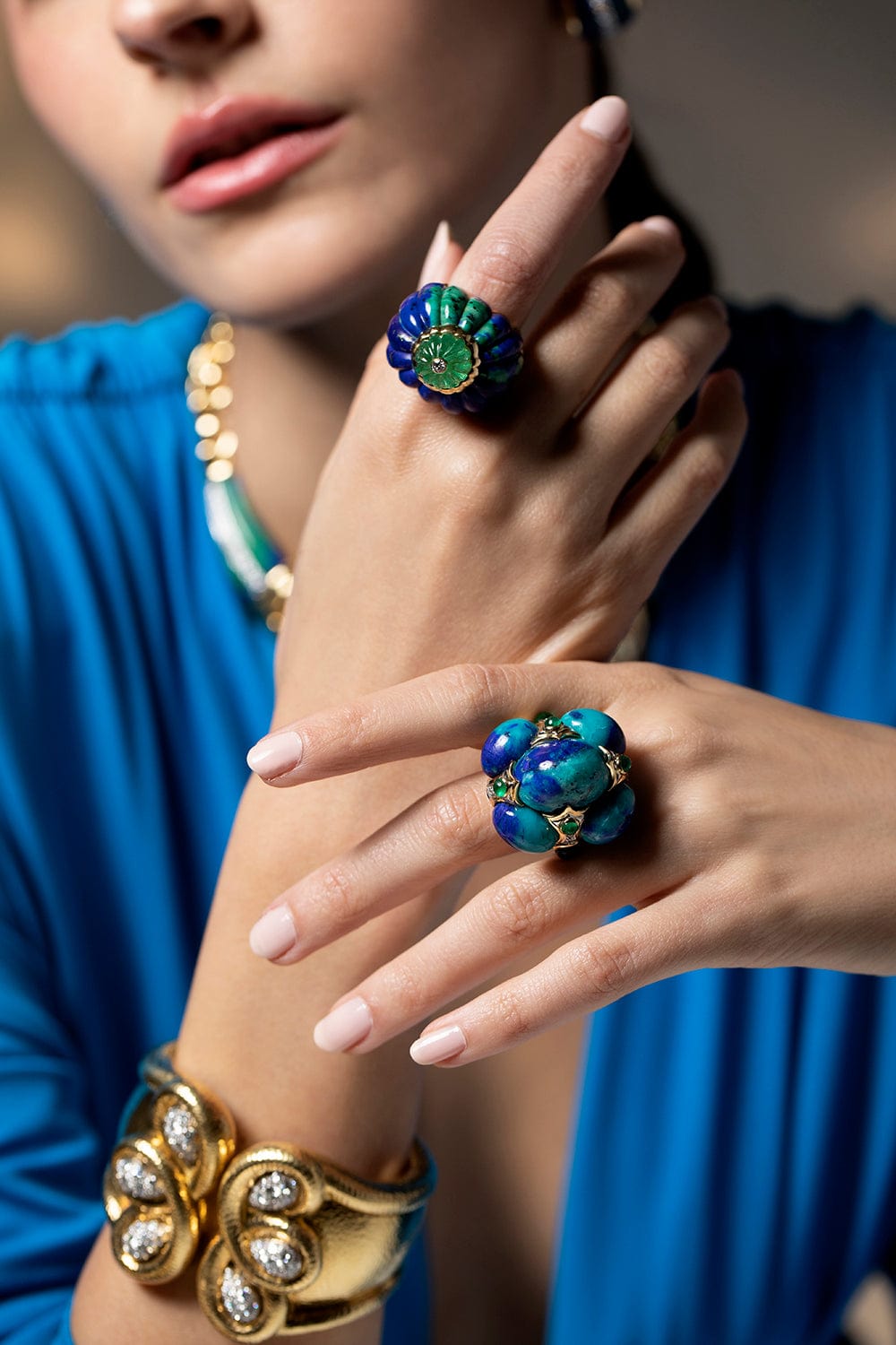 DAVID WEBB-Fluted Emerald and Malachite Ring-YELLOW GOLD