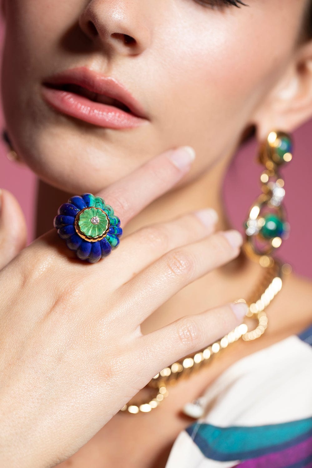DAVID WEBB-Fluted Emerald and Malachite Ring-YELLOW GOLD