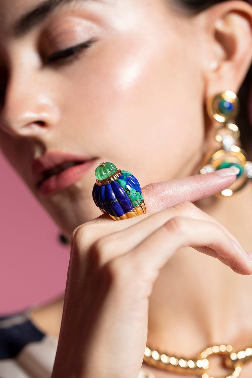 DAVID WEBB-Fluted Emerald and Malachite Ring-YELLOW GOLD