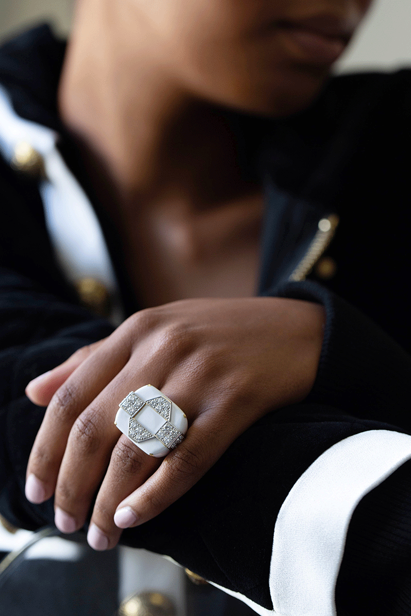 DAVID WEBB-White Enamel and Diamond Ring-YELLOW GOLD
