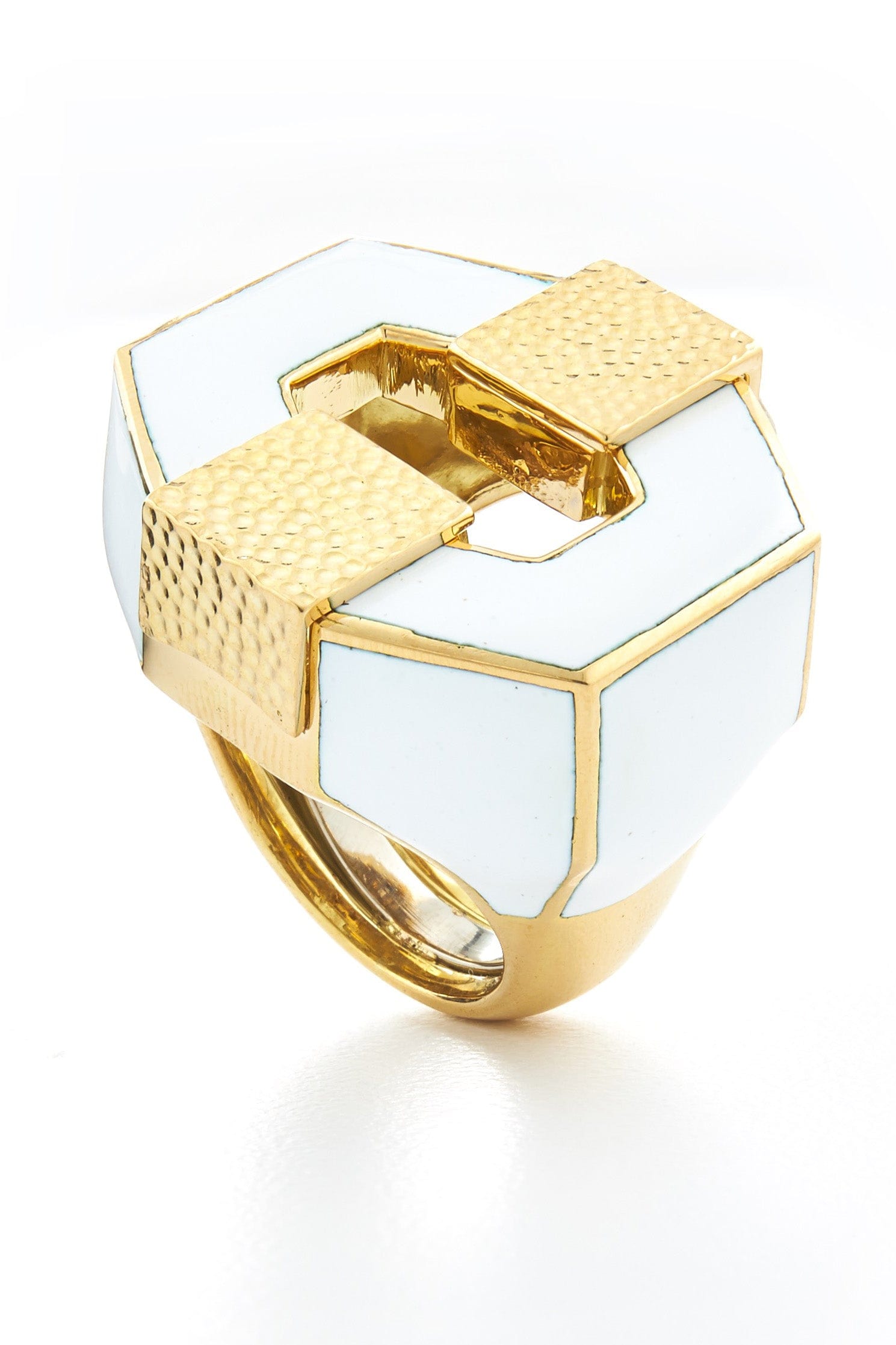 DAVID WEBB-White Enamel Buckle Ring-YELLOW GOLD