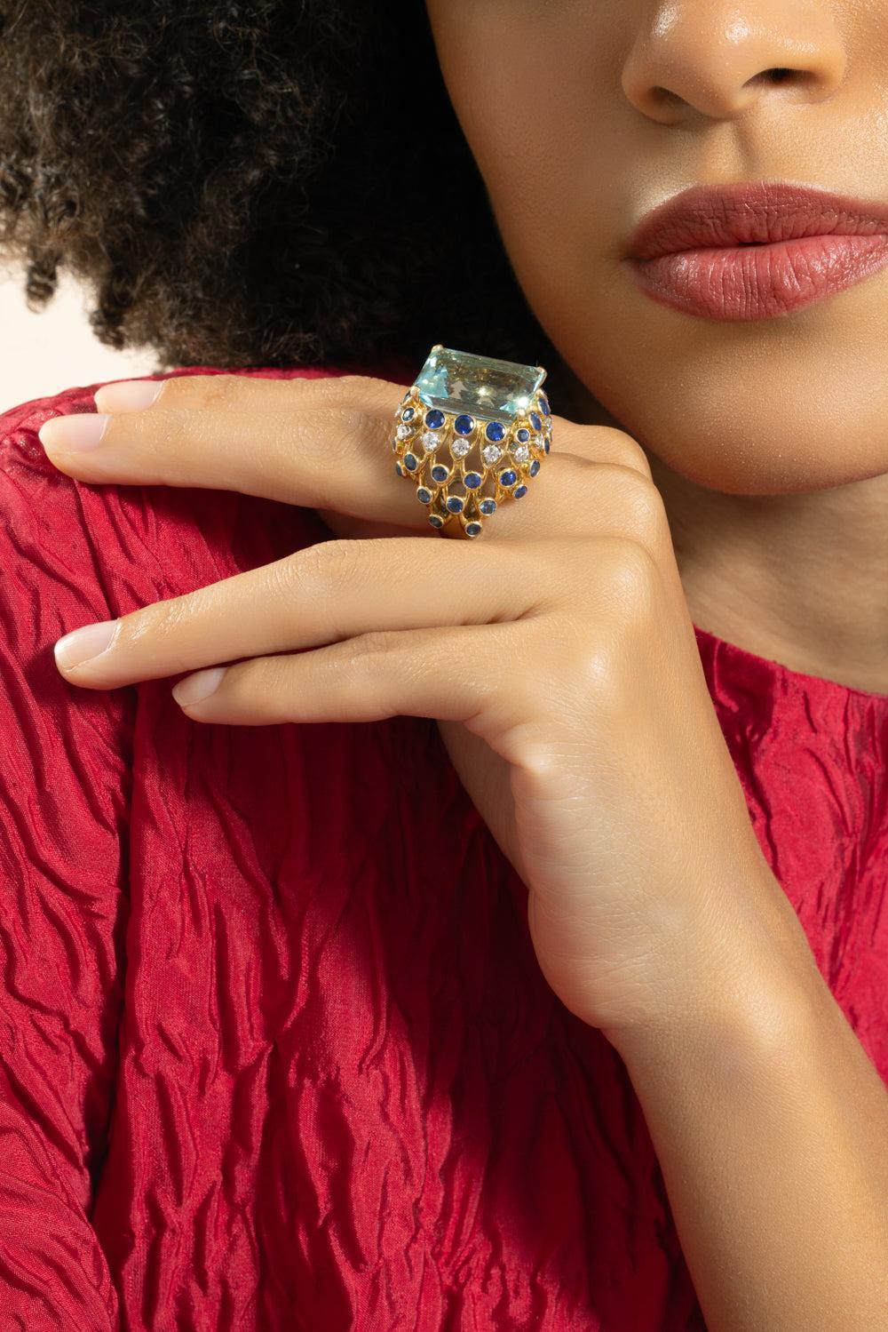 Aquamarine Sapphire Step Cut Tiered Ring-YELLOW GOLD-6-JEWELRYFINE JEWELRING-DAVID WEBB